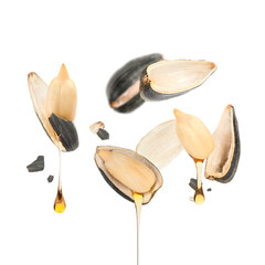 Sunflower seeds with oil and husk on white background