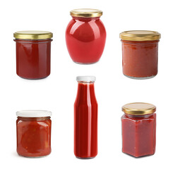 Delicious tomato sauces isolated on white, set