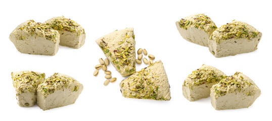 Pieces of tasty halva with pistachios isolated on white, set