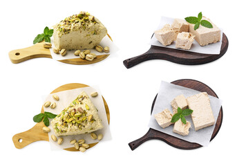 Pieces of tasty halva isolated on white, top and side views
