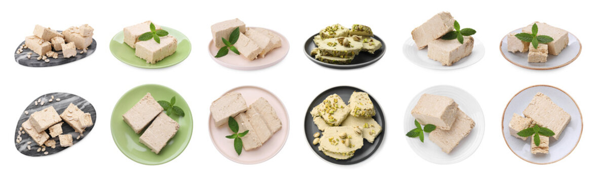 Pieces of tasty halva isolated on white, top and side views