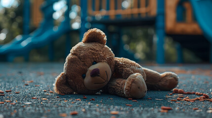 Lost teddy bear toy lying  on playground floor in gloomy dayLonely and sad brown bear doll lied...