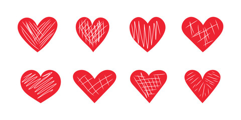  Red hearts with different scratches. Set of vector hearts. Collection of hearts on white background.