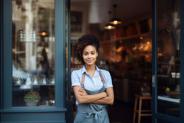 Confident small business owner standing at cafe entrance
