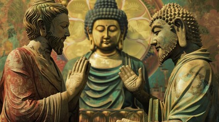 A harmonious exchange between Jesus and Buddha exploring the similarities and differences in their philosophies and teachings realistic