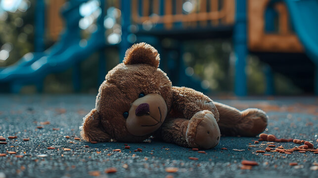 Lost teddy bear toy lying  on playground floor in gloomy dayLonely and sad brown bear doll lied down alone in the park Lost toy or Loneliness conceptInternational missing Children day : Generative AI