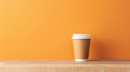Craft mock up paper coffee cup on wooden table, pastel tones orange wall background