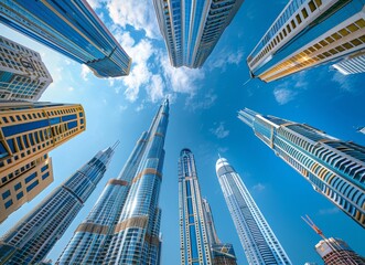 Skyscrapers in the center of dubai, low angle view, blue sky, business district, skyscraper buildings, architecture photography.
