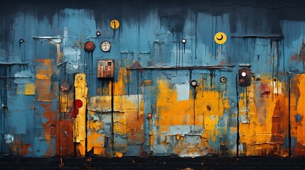 A high-resolution image of a vibrant blue and yellow painting of a wall with clocks on it, in a bold and contemporary style. The painting is full of energy and movement