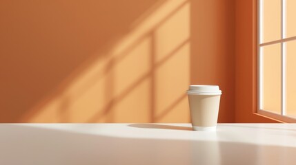Craft paper coffee cup on table, pastel tones orange wall, shadow from window on sunny day