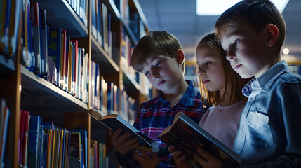 Cute different age pupils two boys and girl looking for books in library at the elementary school Three children standing near bookshelves and reading together at schools library : Generative AI