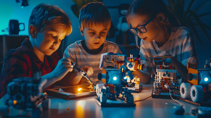 education science technology children and people concept  group of happy kids or students with tablet pc computer programming electric toys and building robots at robotics school lesso : Generative AI