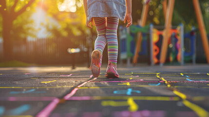 Closeup of chld girl playing jumping hopscotch outdoor Funny activity game for kids on playground outside Summer backyard street sport for children Happy childhood lifestyle Web banner : Generative AI