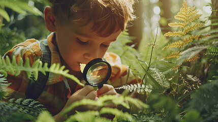 Preschooler boy is exploring nature with magnifying glass Little child is looking on leaf of fern with magnifier Summer vacation for inquisitive kids in forest Hiking Boyscout : Generative AI
