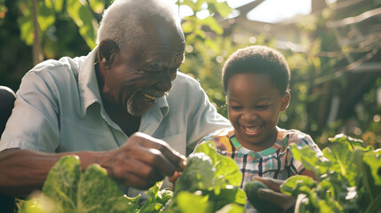 Happy african american grandfather and grandson collecting vegetables in garden family lifestyle childhood togetherness gardening and hobbies unaltered : Generative AI