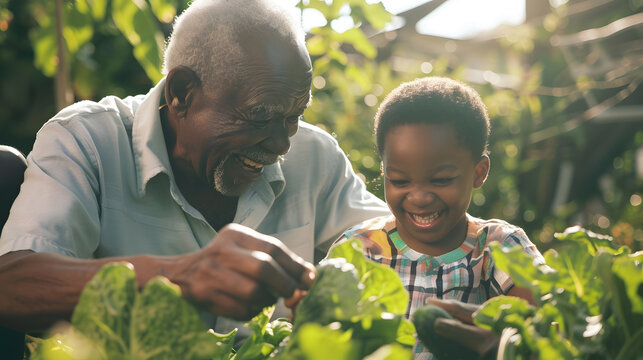 Happy african american grandfather and grandson collecting vegetables in garden family lifestyle childhood togetherness gardening and hobbies unaltered : Generative AI