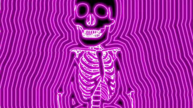 Seamless animation of a walking skeleton isolated with wave effect. Funny halloween background with neon fluorescent effect for parties and events.
