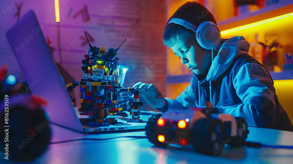 Leinwandbilder Robotics programming class Children construct and code Robot STEM education using constructor blocks and laptop remote control joystick Technology educational development for school ki : Generative AI