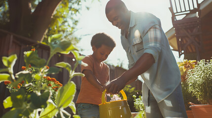 African american father with son watering flower pots and plants in yard Unaltered family togetherness love childhood gardening organic care weekend and nature concept : Generative AI