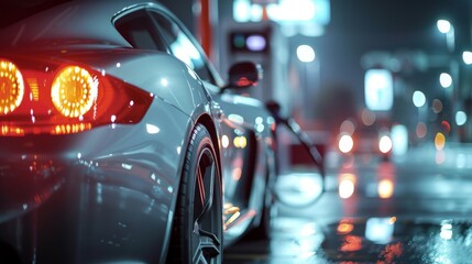 Electric car charging at a station on rainy night, urban setting