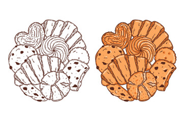 Oat cookie, puff pastry, croissant vector coloring page for coloring book. Bake sweet dessert product for breakfast or lunch, hand drawn sketch