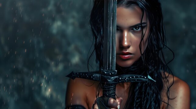 Black haired medieval warrior woman with sword ready to fight wallpaper AI generated image