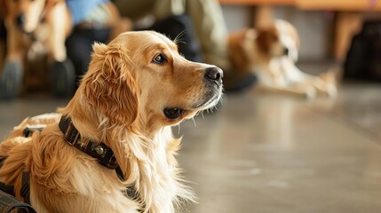 A calm, focused scene at a service dog training center, where dogs are being taught to assist with tasks for people with disabilities, Close up