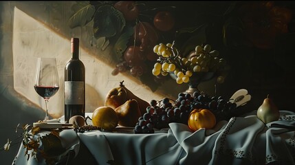 Obraz premium A Caravaggististyle still life, featuring a table laden with fruit and wine, dramatically lit from one side, casting deep shadows and highlighting textures, Close up