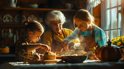 Grandmother with grandchildren preparing traditional easter meals baking cakes and sweets Passing down family recipes custom and stories : Generative AI