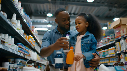 Father and his pretty daughter are choosing household objects while doing shopping in supermarket : Generative AI