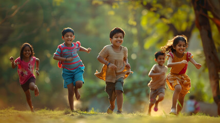 Group of happy playful Indian children running outdoors in spring park Asian kids Playing in garden Summer holidays : Generative AI