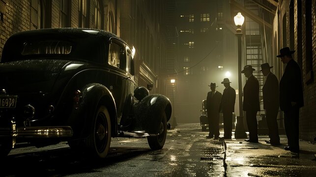 A classic black 1930s sedan parked in a shadowy alley, a group of mafia members in suits standing beside it, plotting under the streetlights, Close up