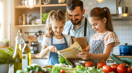 Happy family cooking together on kitchen Mother and daughter reading recipe to father and son Dad and boy chopping green vegetable leaf for salad Home recreation and food preparation o : Generative AI