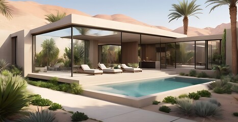A modern oasis in the desert, with sleek geometric structures and lush greenery, providing a peaceful escape from the harsh landscape.