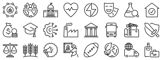 Icon set about sector of society. Line icons on transparent background with editable stroke.