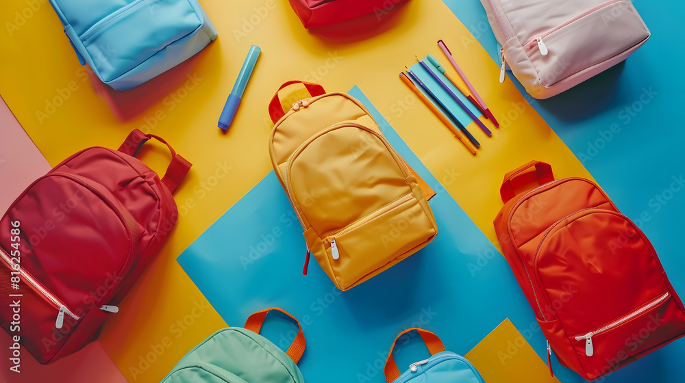 Poster Different school backpacks with stationery on colorful background top view : Generative AI