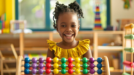 A Black student in a yellow dress laughs brightly behind a colored abacus in an elementary school classroom : Generative AI