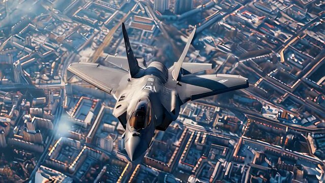 An F-22 Raptor jet majestically flies above an urban cityscape at dusk, reflecting the golden hues of the setting sun. Generative AI