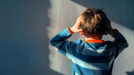Back view of young boy stands and close his ears with hands faces to the wall Concept   Depression  anxiety disorder angry disobey dont want to hear naughty kid : Generative AI