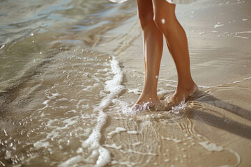 Woman legs walking barefoot along a beautiful sandy beach