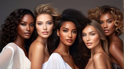 Obraz premium A diverse group of beautiful women with natural beauty and glowing smooth skin. Portrait of many attractive female fashion models with great skincare of all races, tones and style, Generative AI 