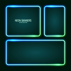 Glowing neon banners, illuminated colorful square frames. Shiny vibrant border, glow effect. Azure vintage retro lights, night illumination. Modern futuristic UI design elements. Vector illustration
