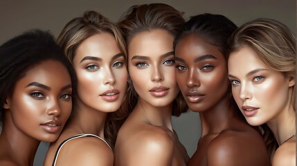 Obraz premium A diverse group of beautiful women with natural beauty and glowing smooth skin. Portrait of many attractive female fashion models with great skincare of all races, tones and style, Generative AI 