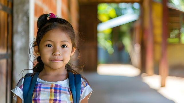 Hispanic girl ready to go to school in rural area  Latin girl on her way to school  Happy Mayan girl in the village : Generative AI