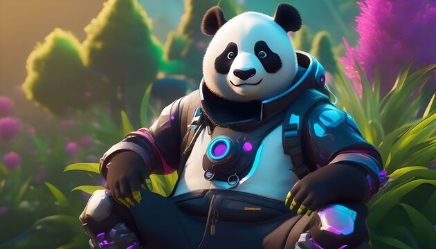 PANDA CYBERPUNK PARA FONDO DE PANTALLA.
 EN UNA CIUDAD DE FANTASIA.