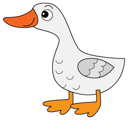 Cartoon happy farm animal cheerful goose bird running isolated background with sketch drawing illustration for children