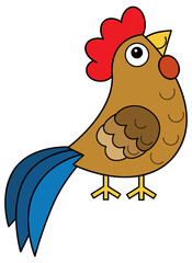Cartoon happy farm animal cheerful rooster chicken bird running isolated background illustration for children