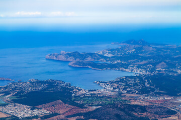 Palma de Mallorca panoramic aerial view from an airplane window. Mallorca Mediterranean sea coastline.