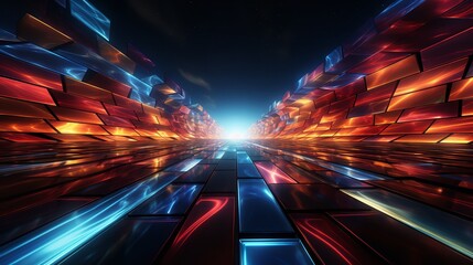 A mesmerizing 3D rendering of a futuristic tunnel with red, blue, and yellow neon lights. The tunnel is dark and empty, and there is a bright white light at the end.