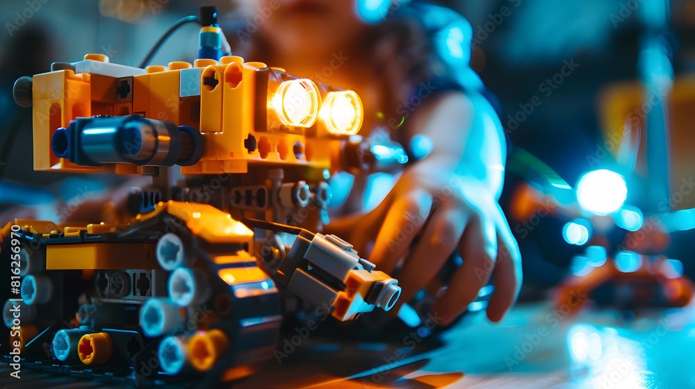 Leinwandbilder Robotics programming class Children construct and code Robot STEM education using constructor blocks and laptop remote control joystick Technology educational development for school ki : Generative AI